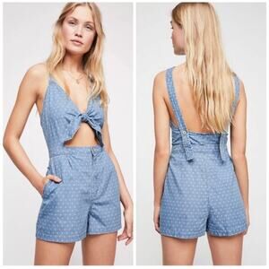 Free People Romper Tie Front Denim Chambray Take Me Somewhere Blue Size‎ XS